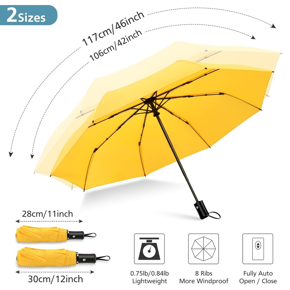 HEXSOLID Windproof Travel Umbrella Compact Umbrellas for Rain 46inch, Yellow