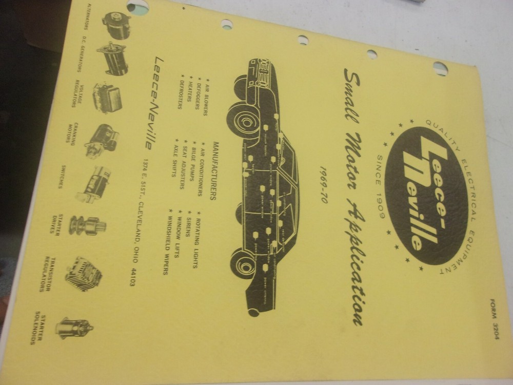 LEECE NEVILLE SMALL MOTOR QUICK REFERENCE CHART FORM 3204 1969-70