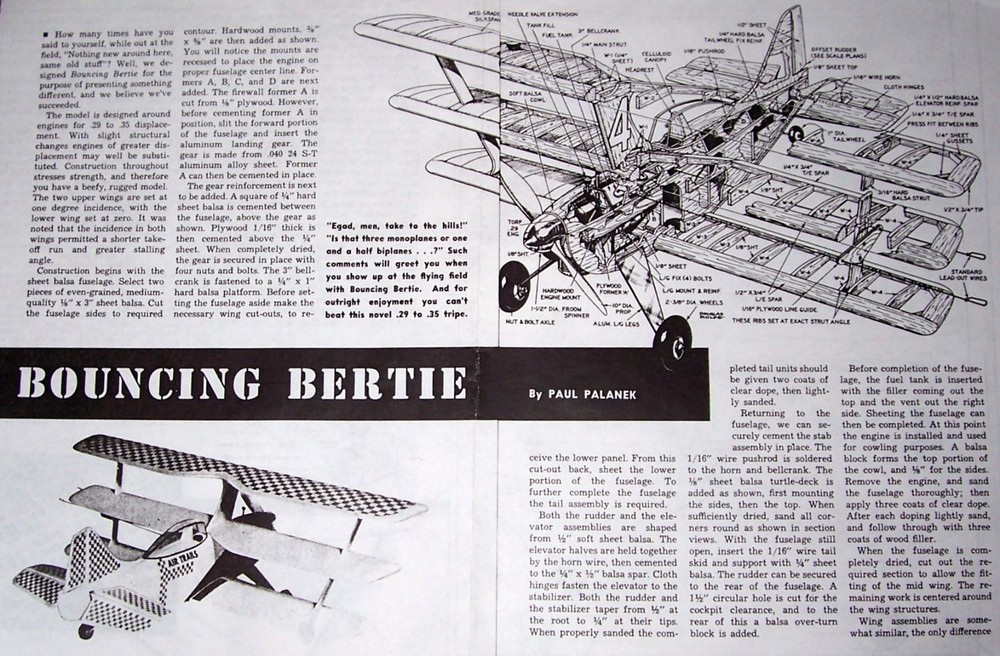 BOUNCING BERTIE PLAN + CONSTRUCTION ARTICLE to Build Famous 32" Model Airplane