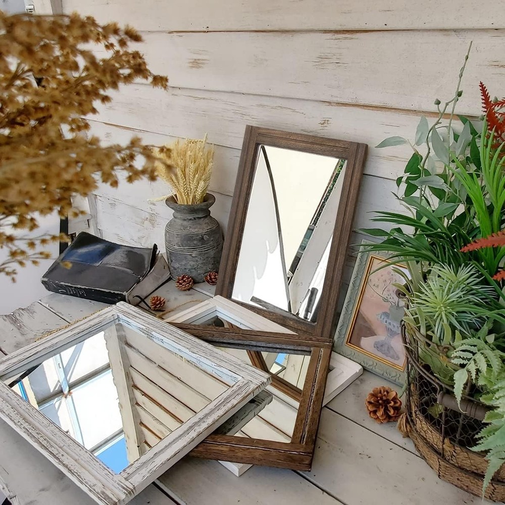 Rustic Wood Mirror Rectangle Decorative Wall Hanging Mirrors with Frame for B...