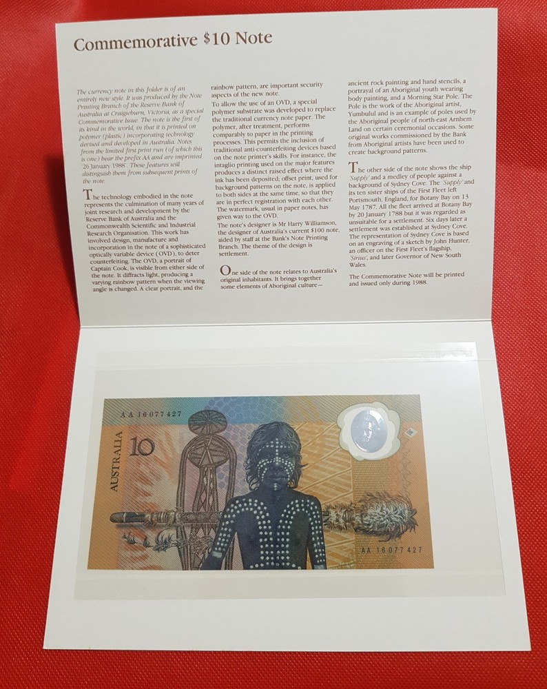 1988 AUSTRALIAN  $10 FRASER/JOHNSTON FIRST POLYMER NOTE  FOLDER AA 16 077427