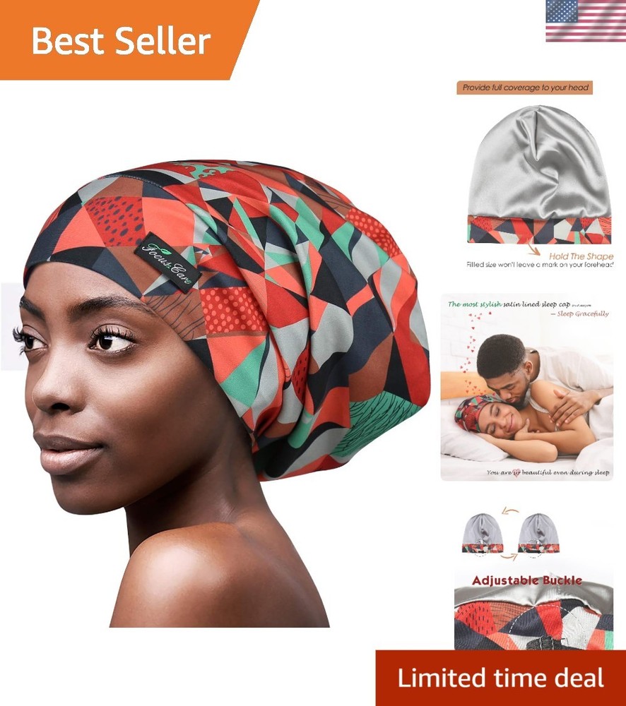 Adjustable Satin Lined Sleep Cap for Dreadlocks & Curly Hair - Elegant Red Style