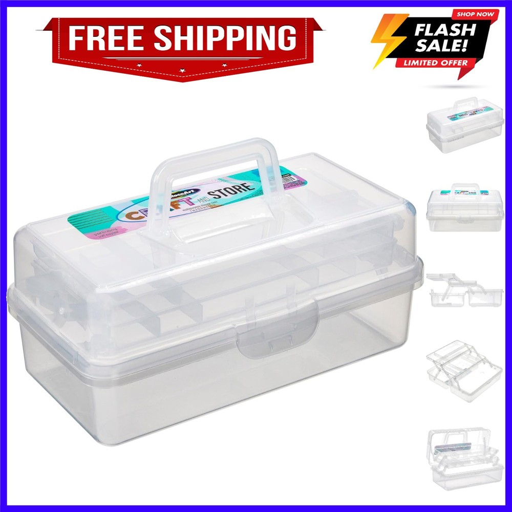 Multi-Layer Plastic Dividing Craft Storage Box - Portable Handled Art Supply ...