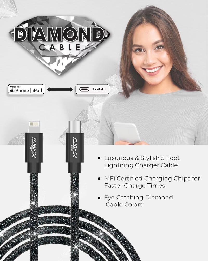 Powertek Diamond Shine 6' USB C to Lightning Cable with MFi Certification, Black