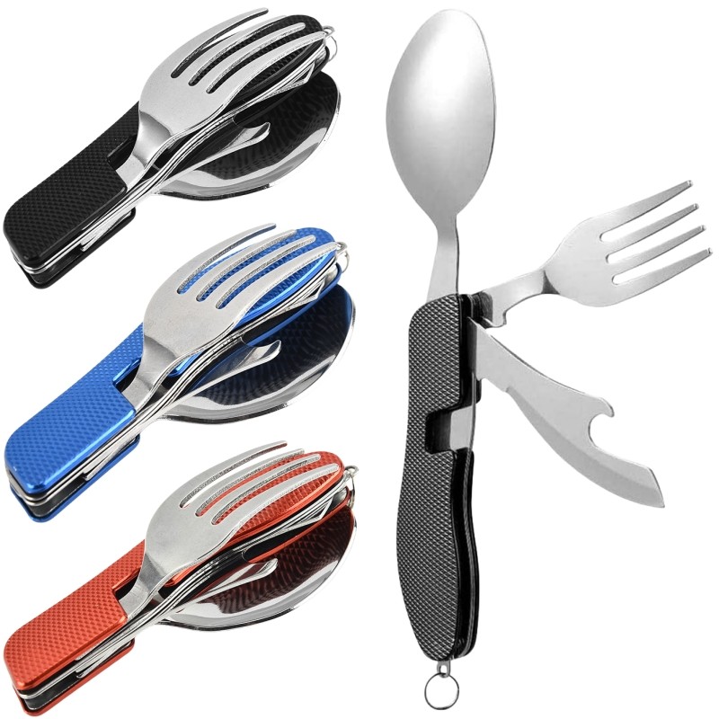 4 in1 Foldable Camping Utensil Set Multi-Functional  ForkSpoon Bottle Open