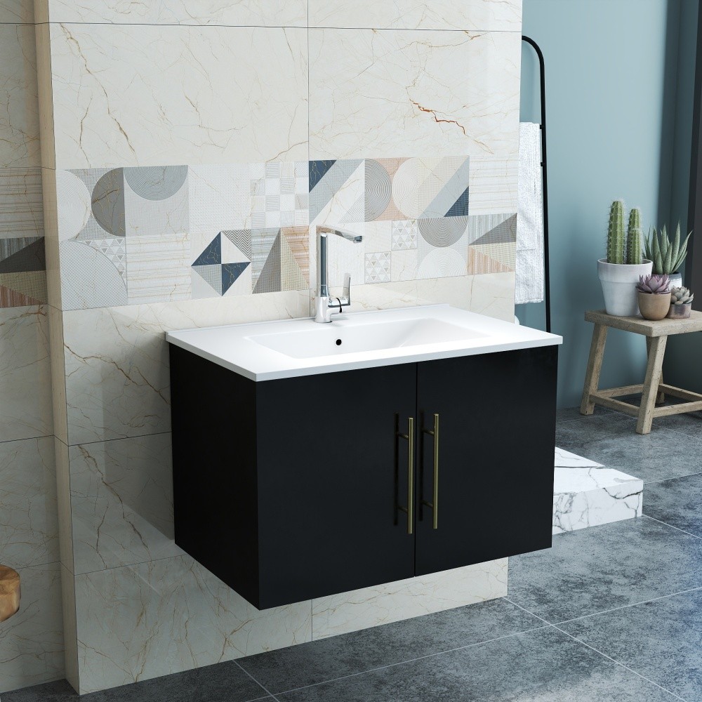 Bathroom Vanity with Ceramic Basin Sink Double Doors Features Soft-Close Hinges