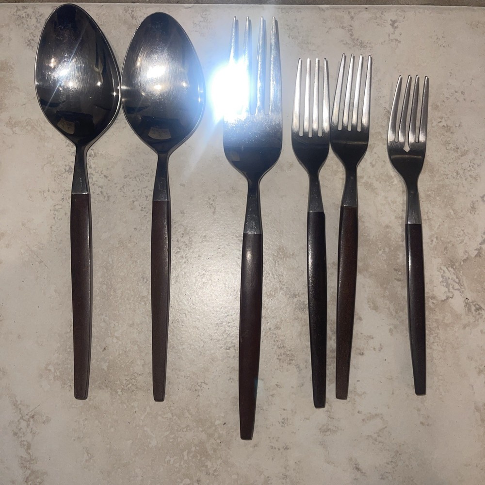 MCM Ekco Eterna Canoe Serving Flatware 29pc Brown Handle Stainless Japan