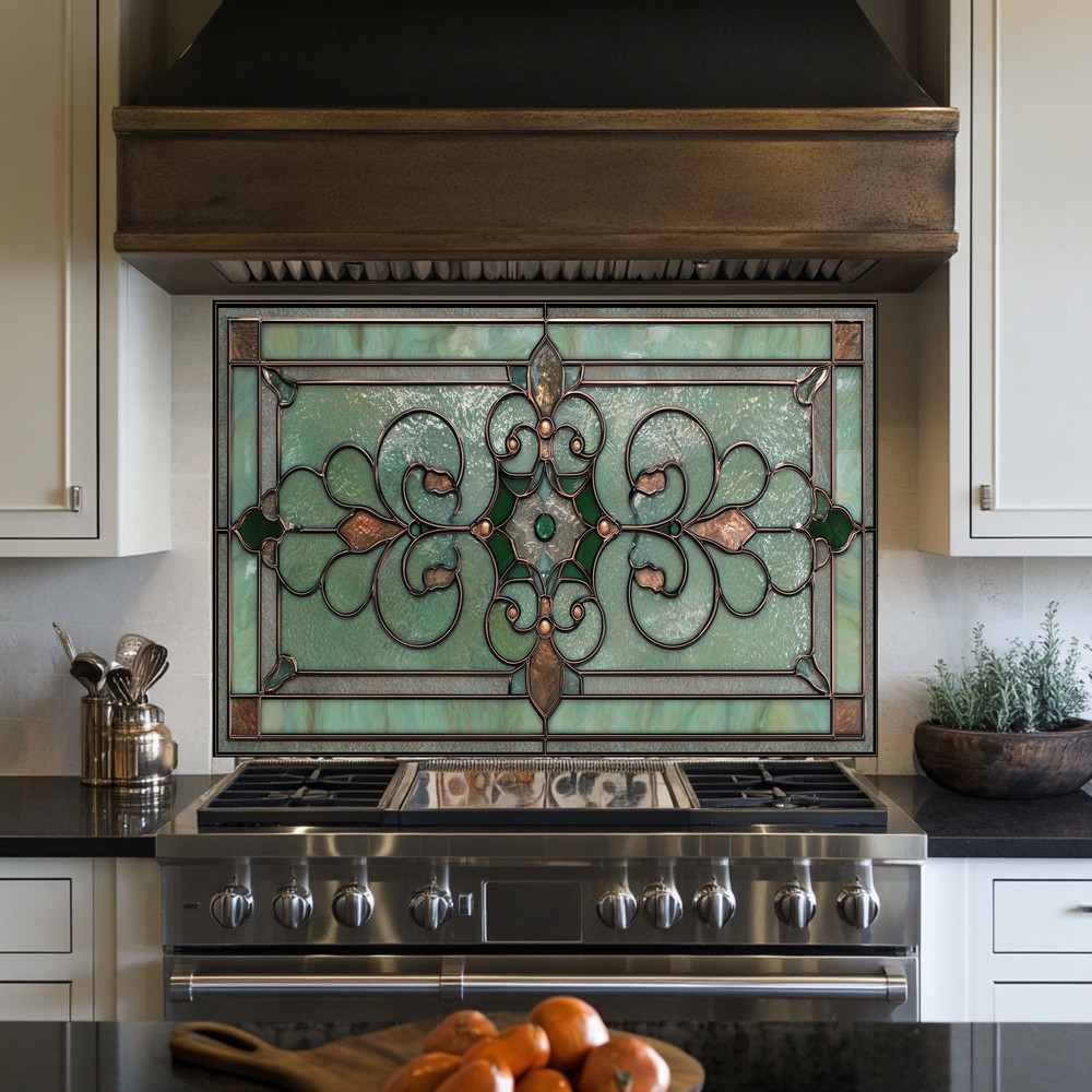 Classic Stained Tempered Glass Look Backsplash Panel, Glass Timeless Wall Art