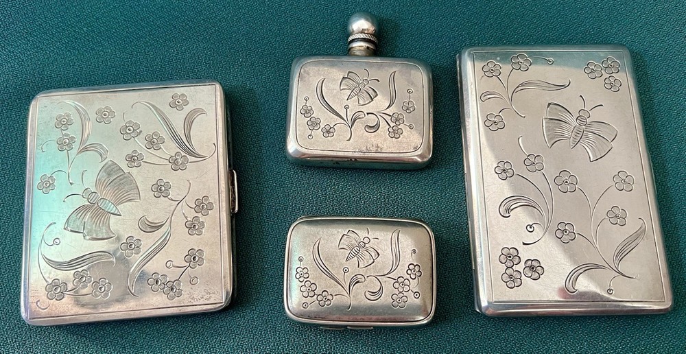 FABULOUS 835 SILVER 4 PIECE ETCHED CIGARETTE CASE COMPACT PERFUME PILL BOX SET