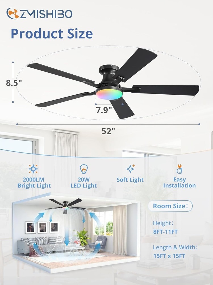 Modern 52" Ceiling Fan - RGB LED Light, Low Profile