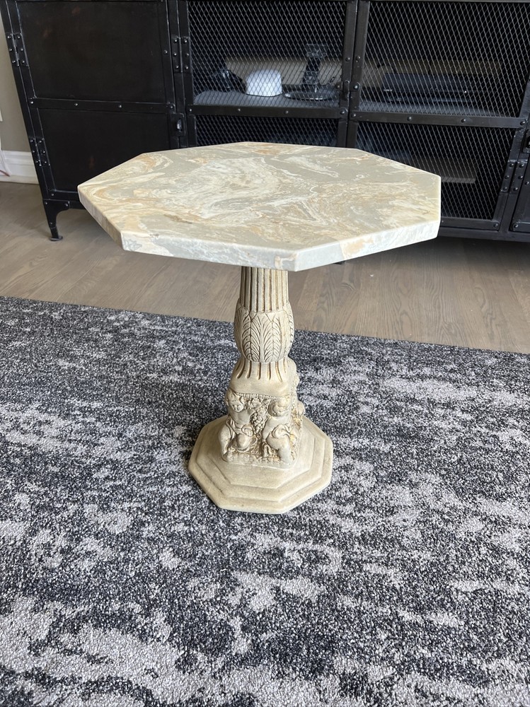 1970’s Side Table With Octagon, Stone, Top And Carved Base ￼
