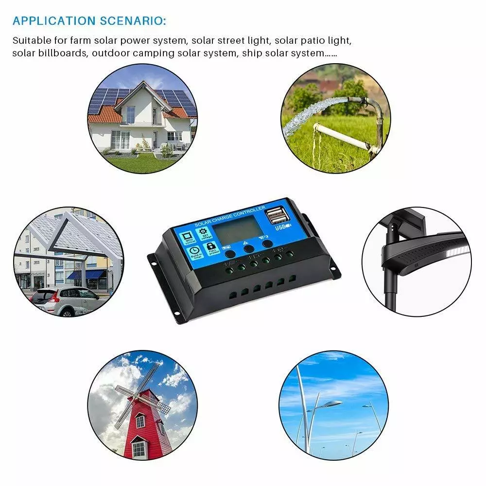 10A 20A 30A PV Solar Charge Controller USB With LCD Display Regulator