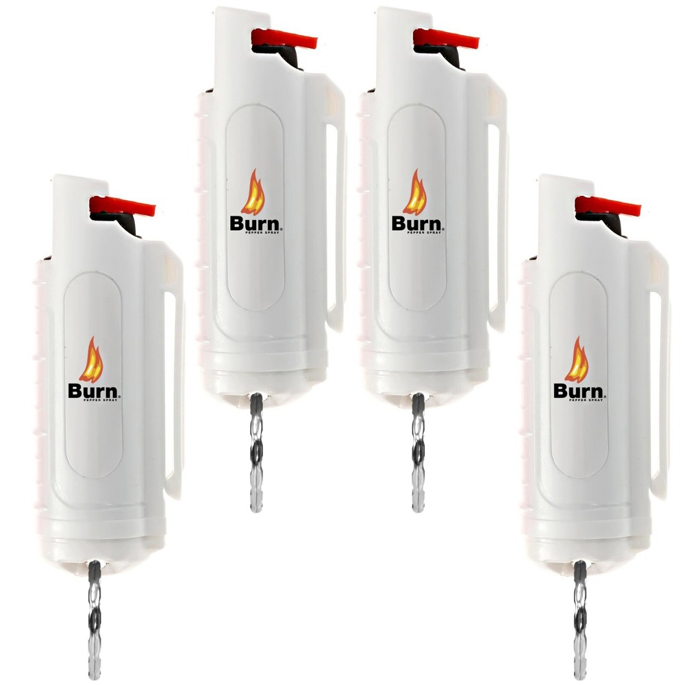 4 Pack BURN Pepper Spray Self Defense  1/2oz Security Keychain Molded White
