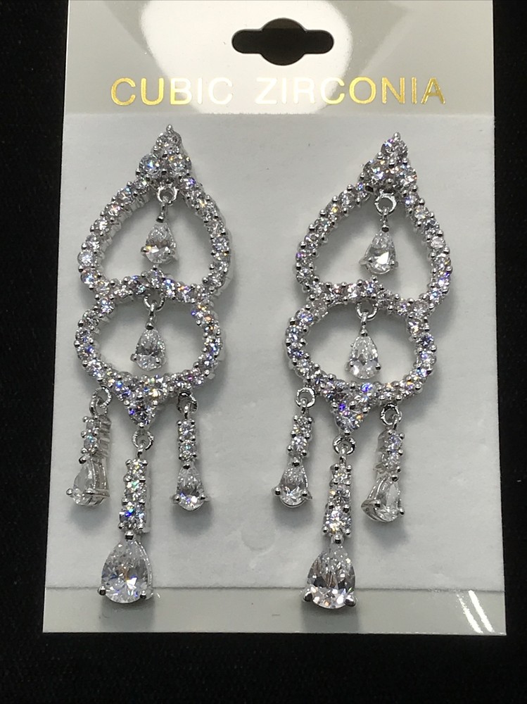 Vintage  Silver Tone  Cubic Zirconia  Elegant Statement Dangle Pierced  Earrings