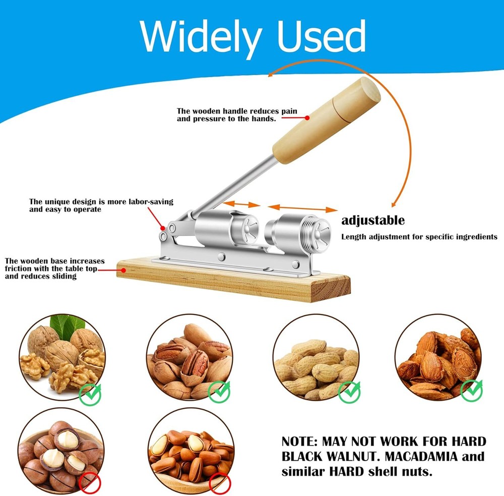 Heavy Duty Nut Cracker Pecan Walnut Opener Tool with Wood Base and Handle