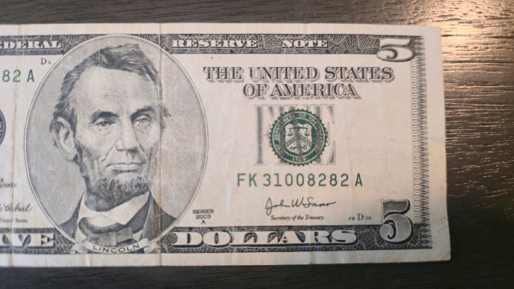 2003 $5 US Federal Reserve Note D sequential ending