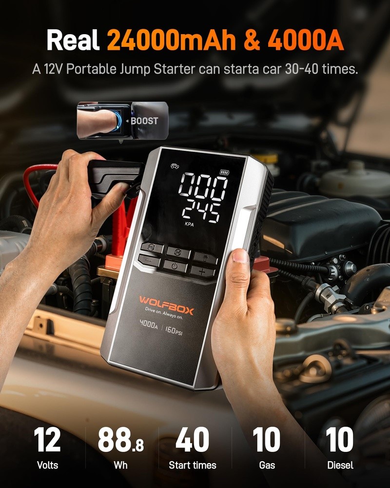 WOLFBOX 4000A Jump Starter w/ 160PSI Air Compressor