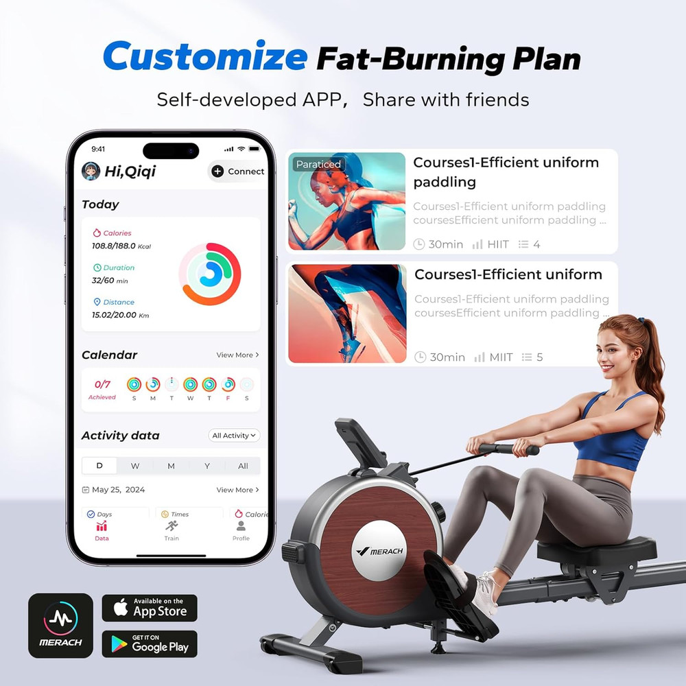 Compact Magnetic Rowing Machine with 16 Levels, 350lbs Capacity, App Ready