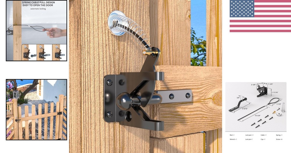 Durable Self-Locking Gate Latch with Spring Cable Pull for Wood & Metal Gates