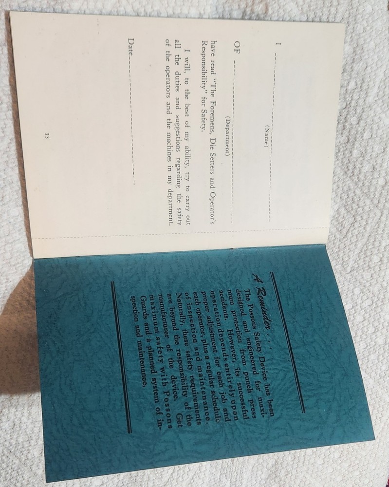 1959 & 1968- Possons Pullback Safety Devices Maintain Adjust Die Setting Manual