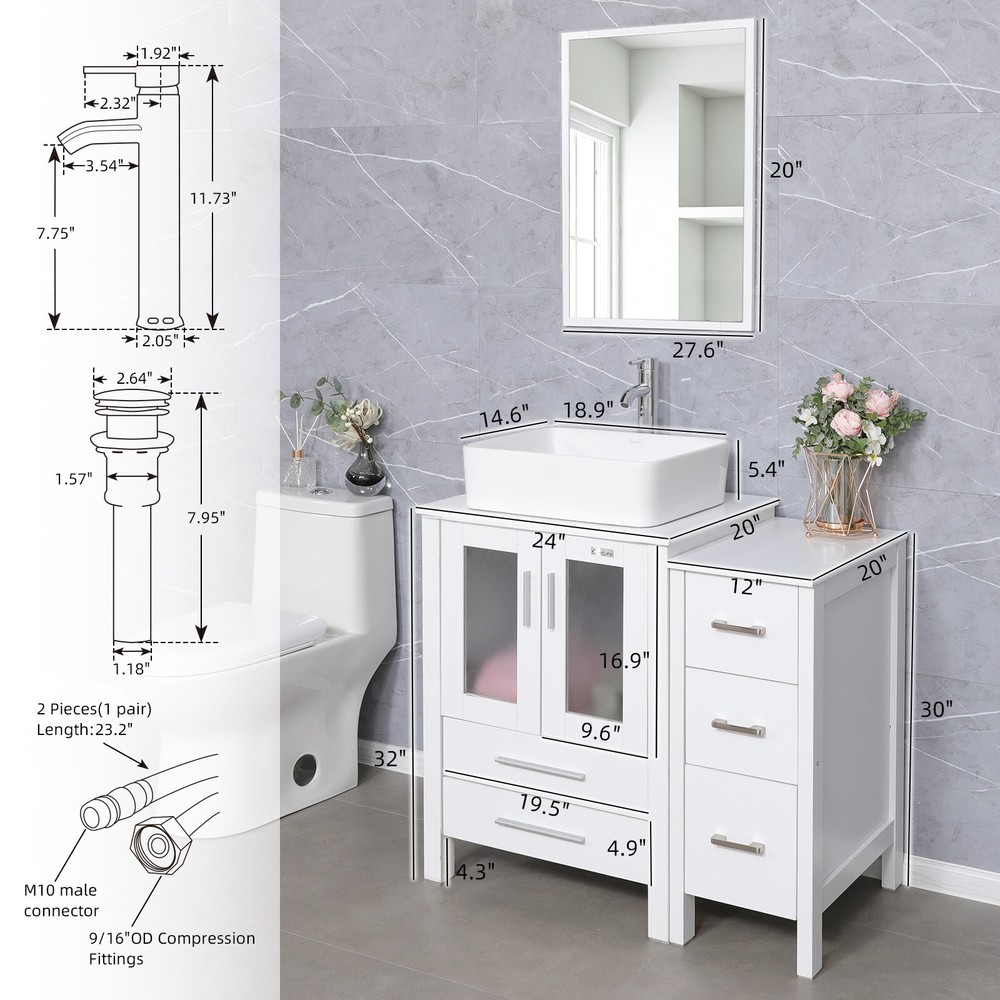36" White Bathroom Vanity Combo Ceramic Rectangle Vessel Sink Side Cabinet Set