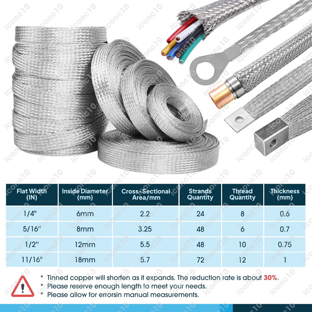 Braid Ground Strap Grounding 1/4"Width Tinned Copper Metal Cable Shield Sheath