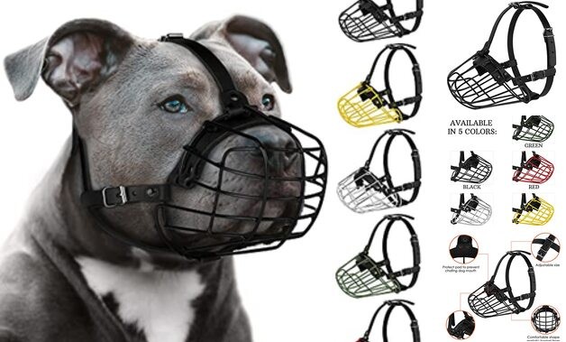 Pitbull Dog Muzzle Metal Mask Amstaff Secure Wire Basket Adjustable Black