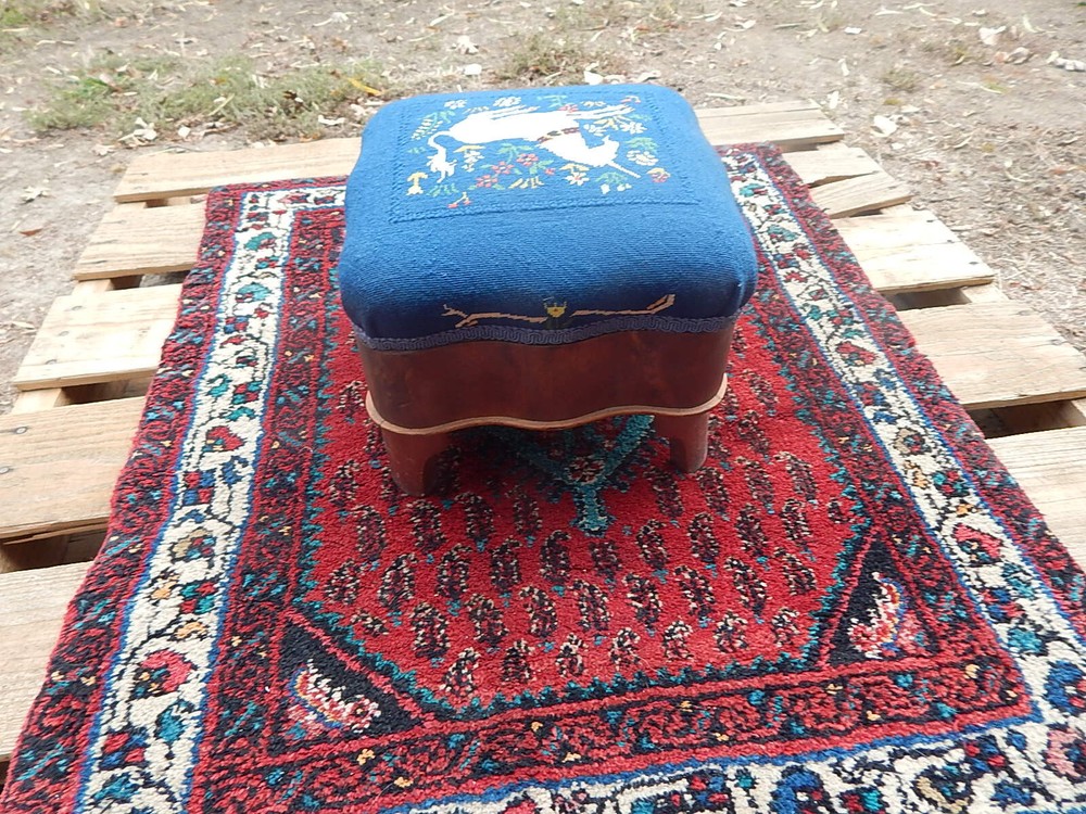 Antique Victorian Unicorn Fine Needlepoint Small Stool