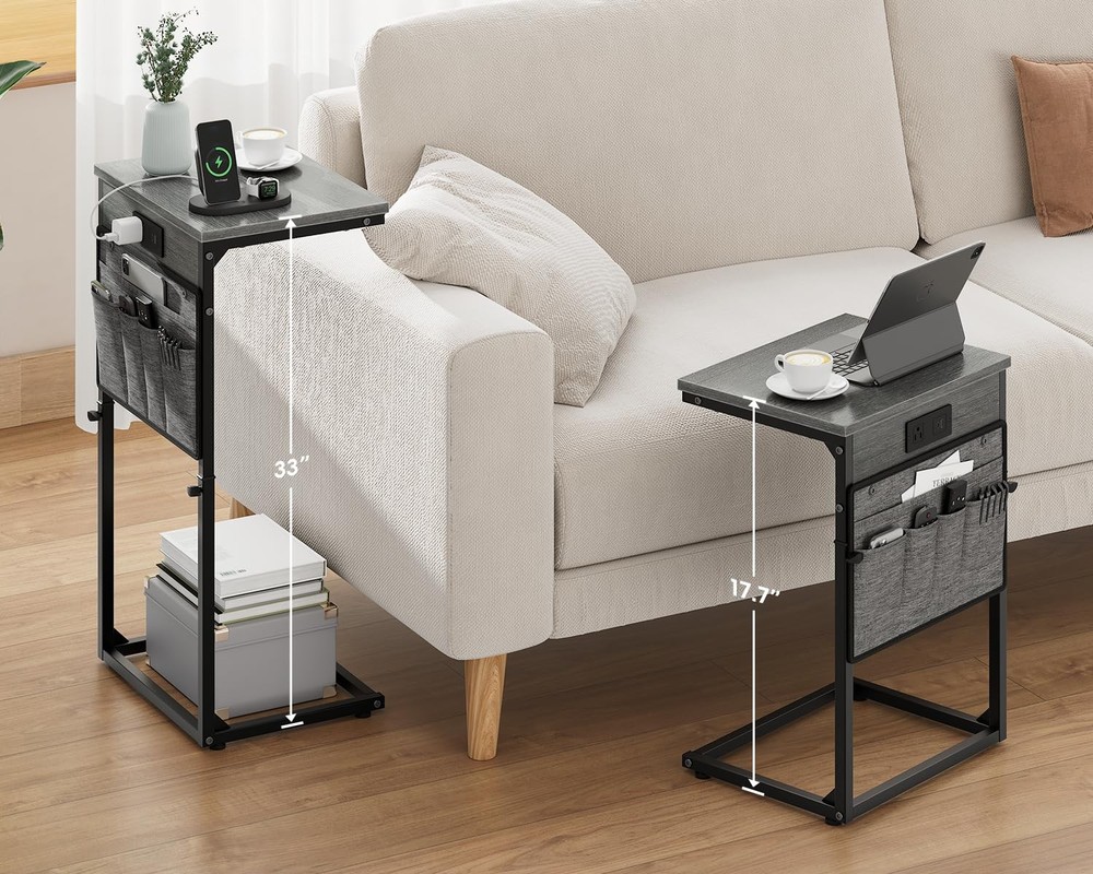 C Shaped End Table with Charging Station, 33" Tall Side Table for Couch, Sofa...