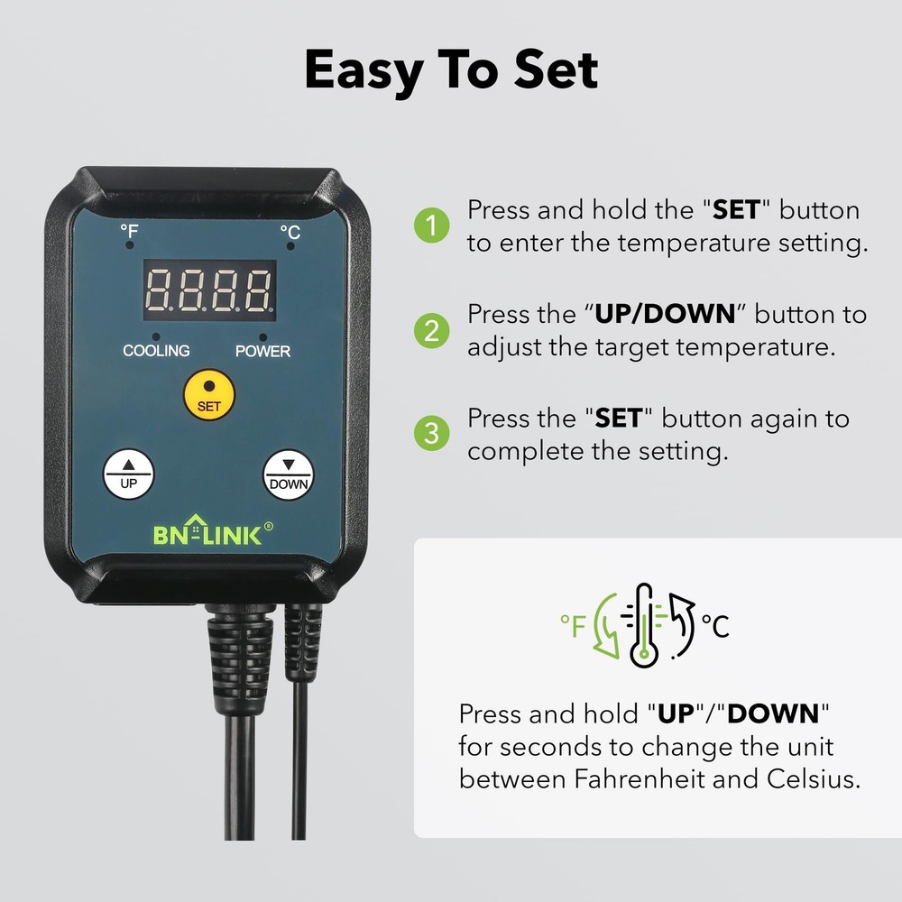 BN-LINK Digital Cooling Thermostat Controller, Temperature Cooling, Green