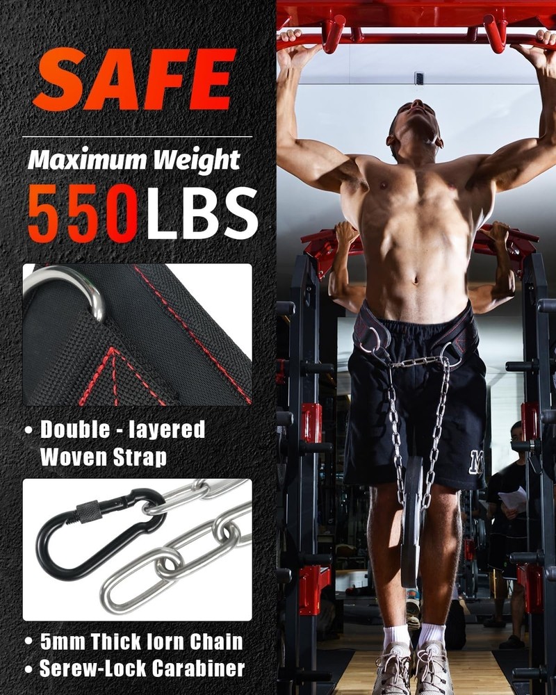 Dip Belt with Chain 37-40" for Weightlifting Dips Pullups 650lbs Capacity