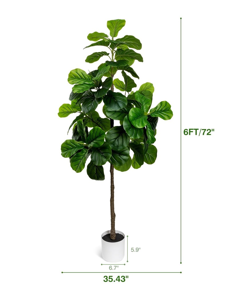 Artificial Fiddle Leaf Fig Tree 6FT - Large Fake Tree with White Planter & Bask