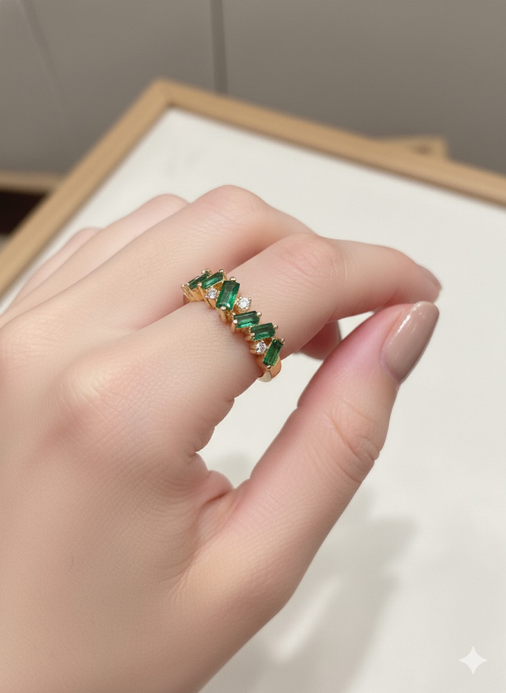 Emerald Green Baguette Ring Gold Zircon Statement Band Adjustable Stacking Ring
