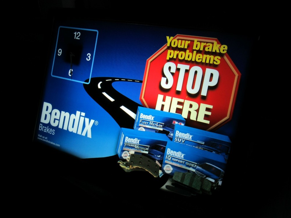 Large Bendix Stop Here Brakes Shop clock lighted plastic sign black frame