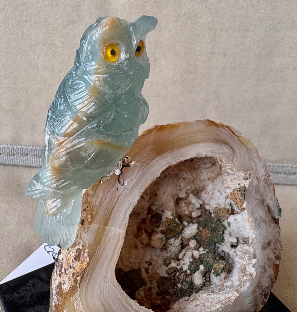 Blue Calcite Owl on Geode 4 1/4 " -Peter Muller