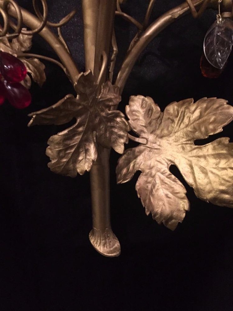 FRENCH ANTIQUE SOLID BRASS GRAPE LEAVE SCONCE WITH MULTI COLOR FRUIT CRYSTALS