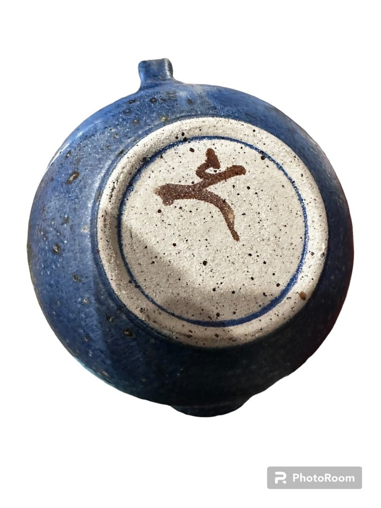 Hand Thrown Blue Stoneware Japanese MCM Teapot Signed Pottery