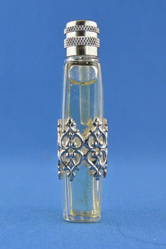 Antique Fine Sterling silver overlay tiny perfume bottle (with perfume) 2 1/4"