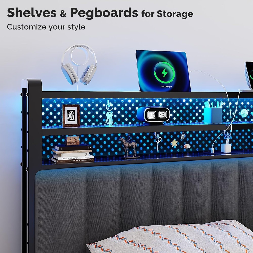 Full Size Headboard Only, Adjustable Upholstered Headboard with 3 Tier Shelves
