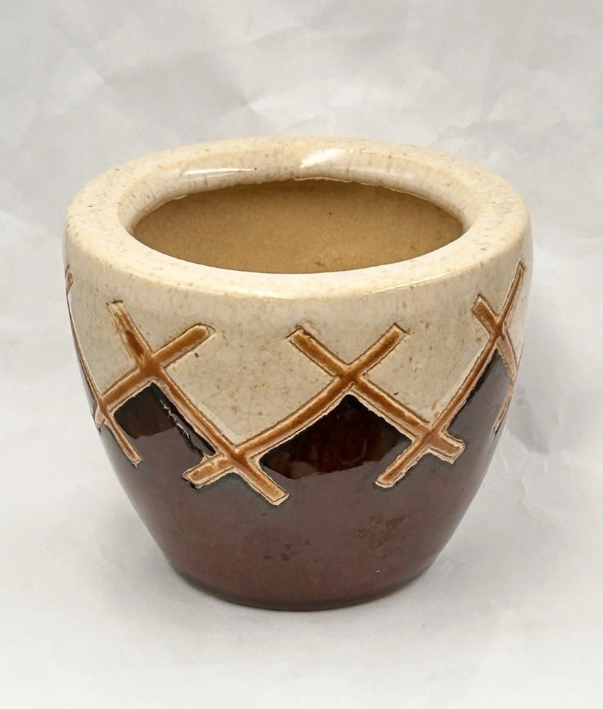 Modernist Studio Art Pottery Sgraffito Teepee Design Planter, Signed/Marked