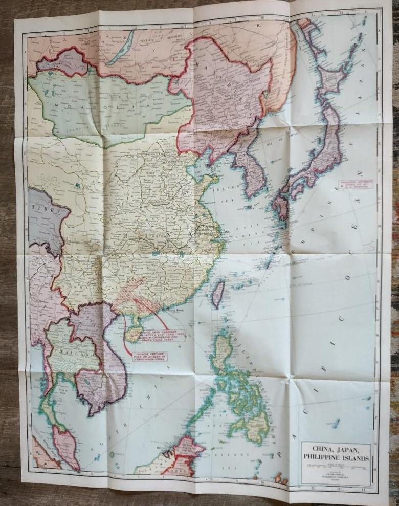 Vintage 1945 WLS WWII PACIFIC WAR Two-Sided MAP w/Original Envelope