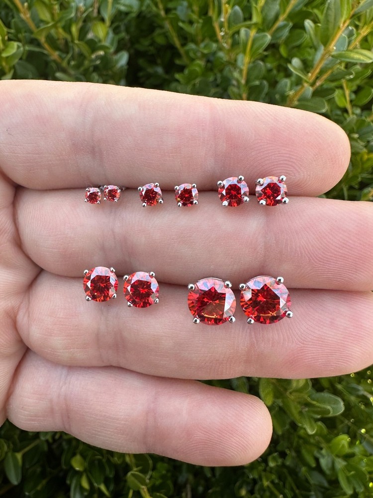 Real Ruby Red Moissanite Screwback Stud Earrings 925 Silver 3-8mm Iced Pass Test