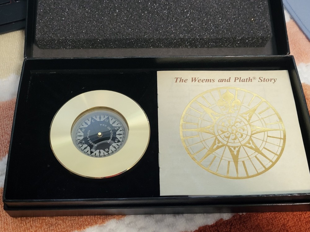 Weems & Plath Brass Compass and Quartz Clock Set Chart weight Engravable Gift