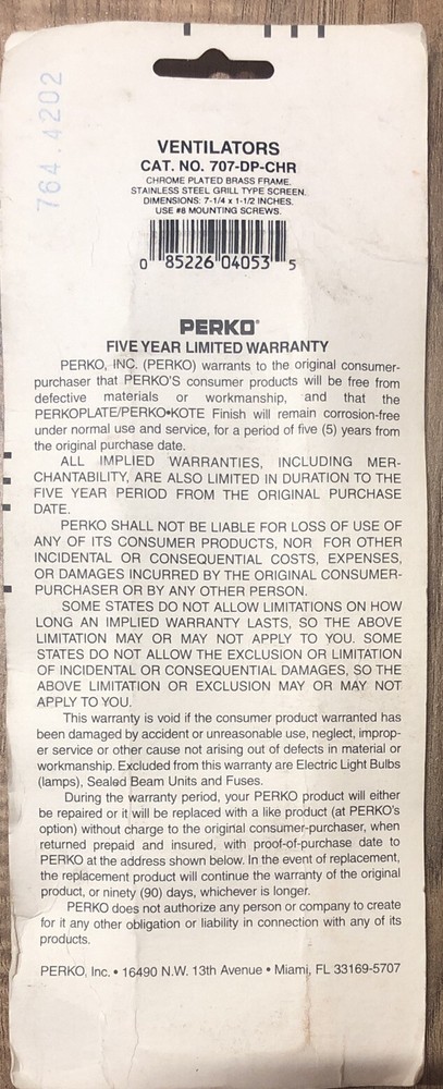 Ventilators Perko 707-DP-CHR Chrome Plated Brass S/S Screen **USA MADE**