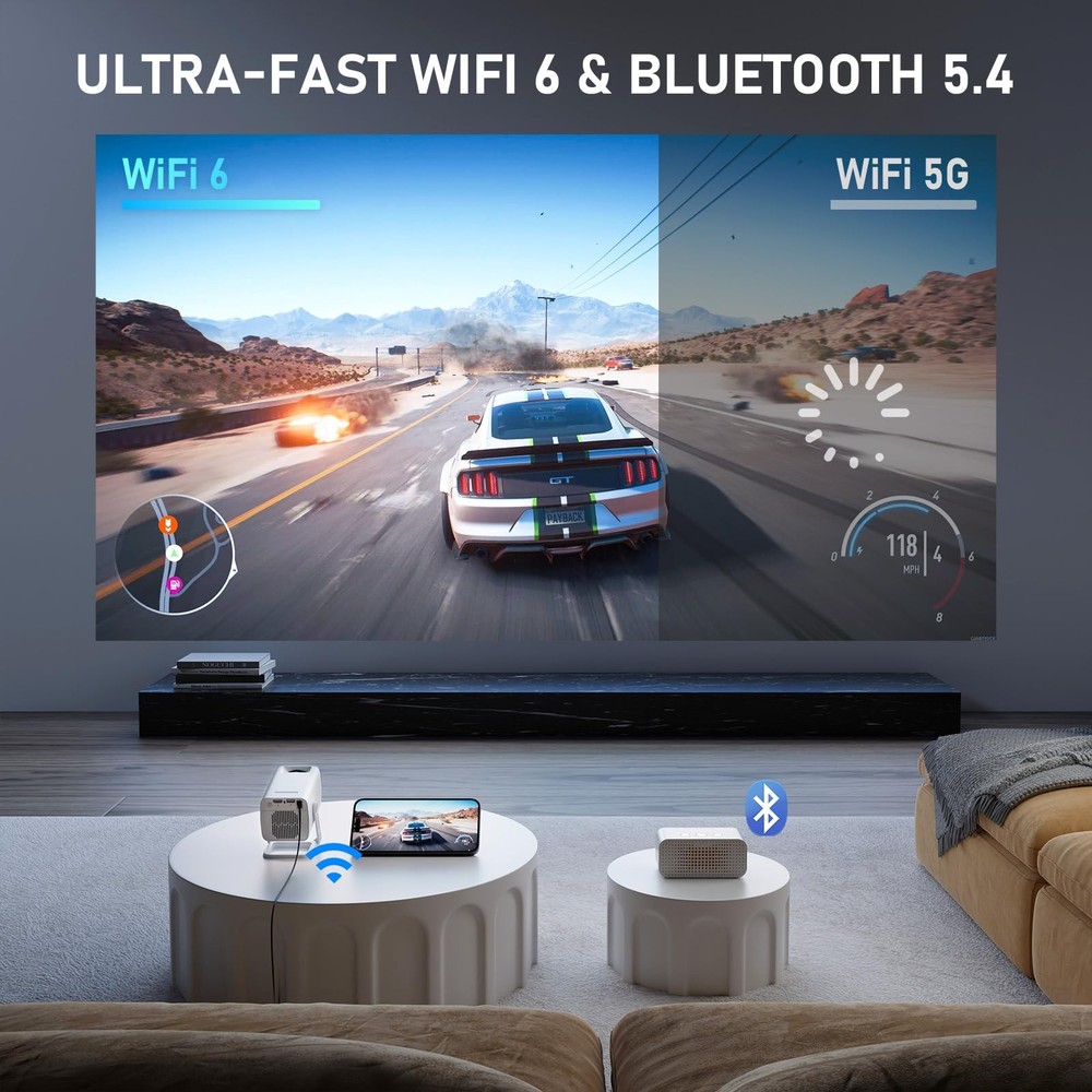 【White Projector & Built-in Apps】 Mini Projector with Wi-Fi and Bluetooth, Fu...