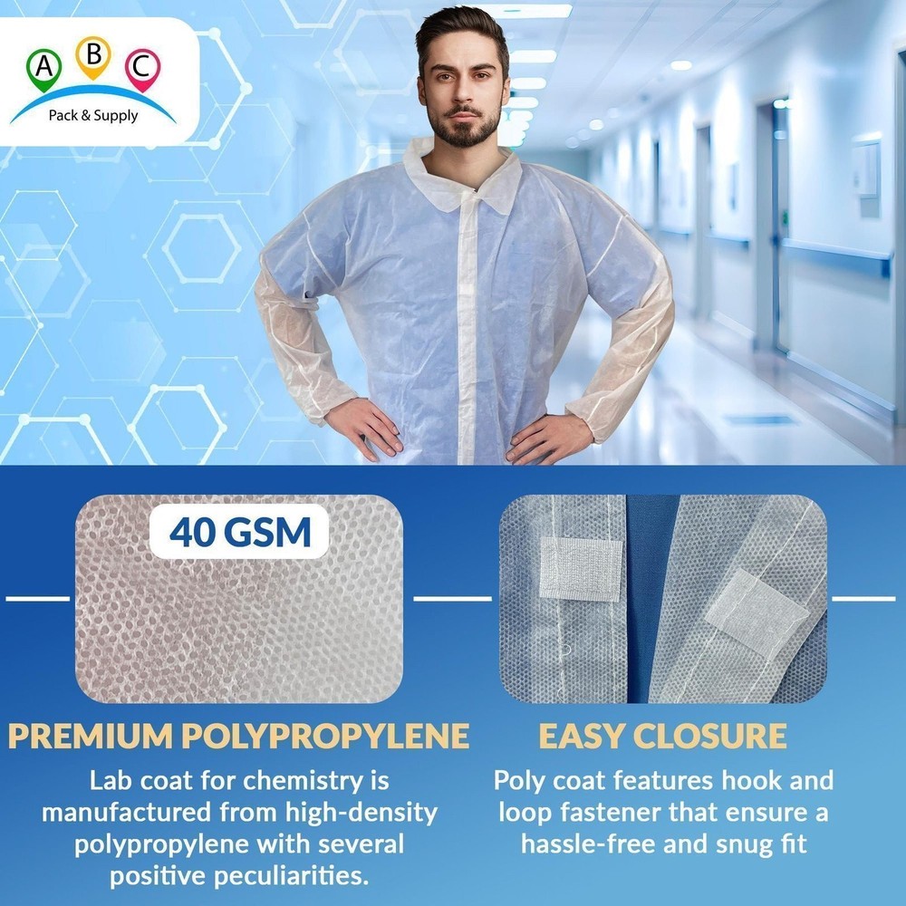 White Disposable Lab Coats Polypropylene 40 GSM Elastic Wrists 10 Count Large