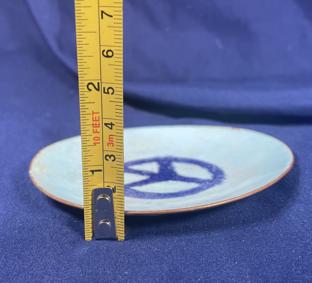 Blue Enamel Over Copper Peace Sign Dish Signed