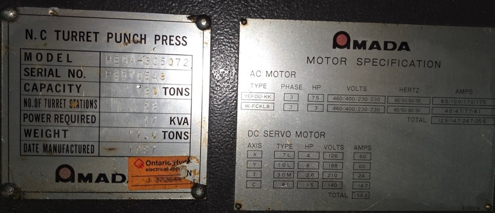 TWO Operational 1988 & 1987 Amada Pega 357 CNC Turret Punch press. BOTH run!