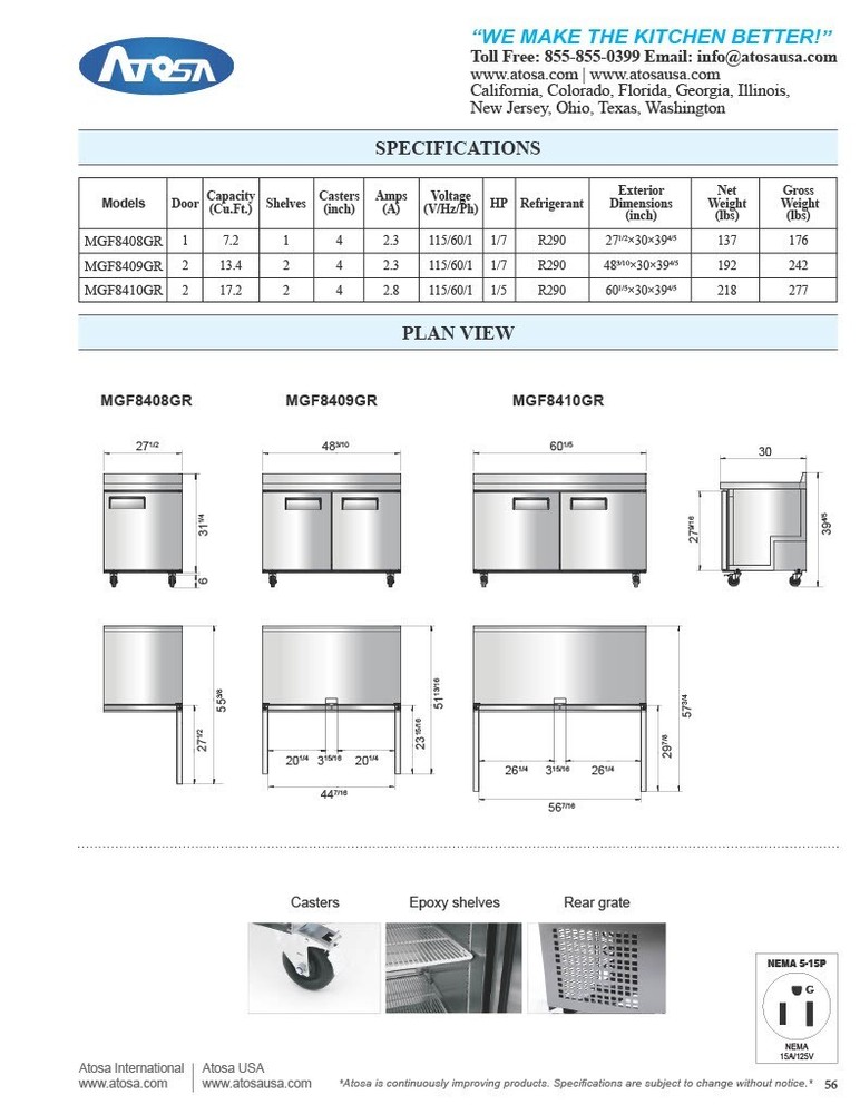 Atosa MGF8409GR, 2-Door WORKTOP REFRIGERATOR