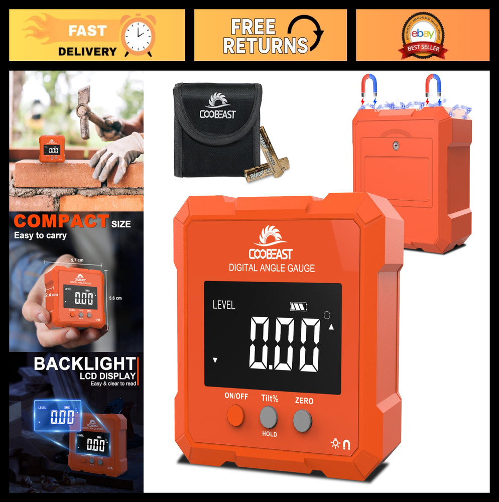 Digital Angle Finder with Backlight & Magnetic Base - Compact Protractor Tool fo